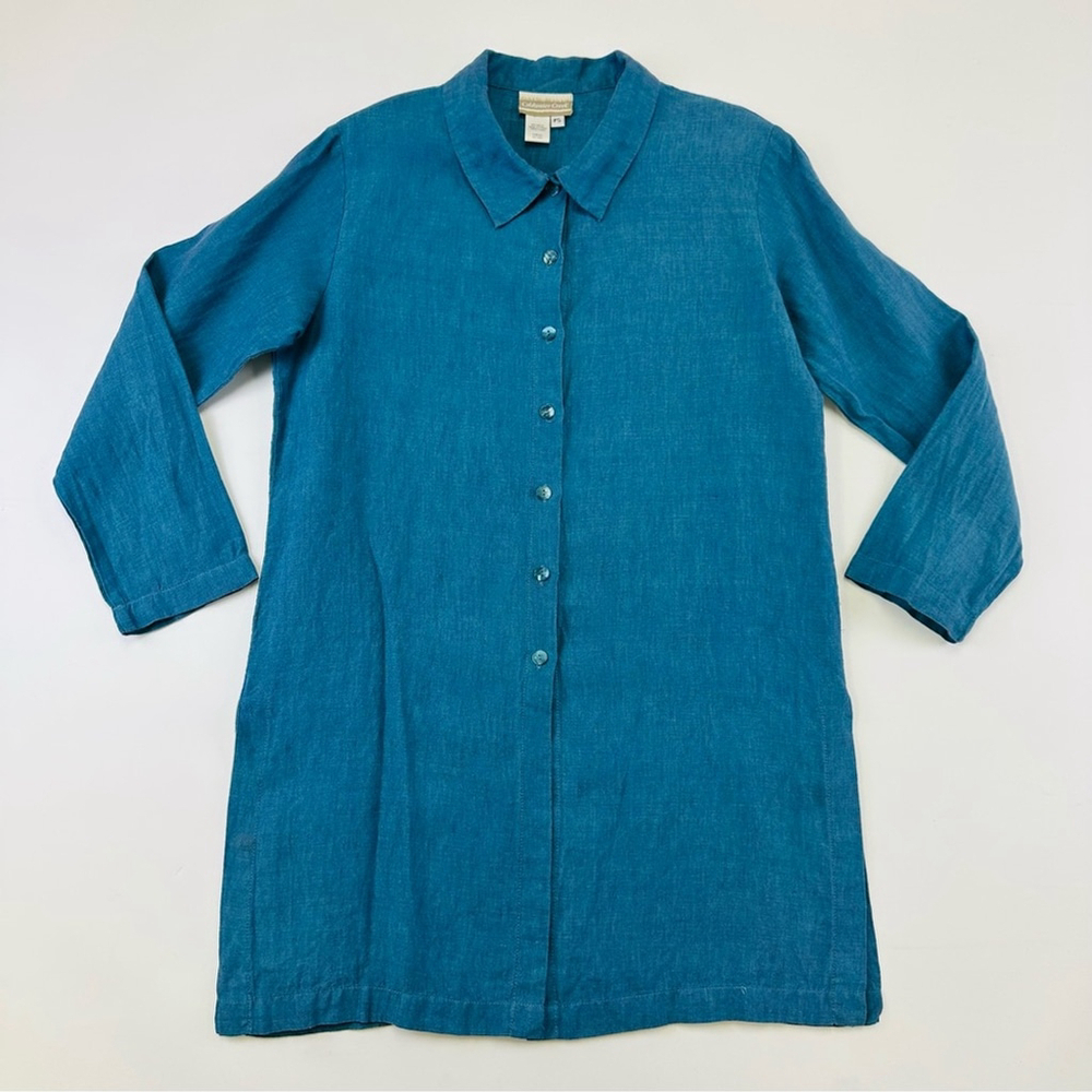 Coldwater Creek teal pure linen long sleeve womens tunic Small Petite